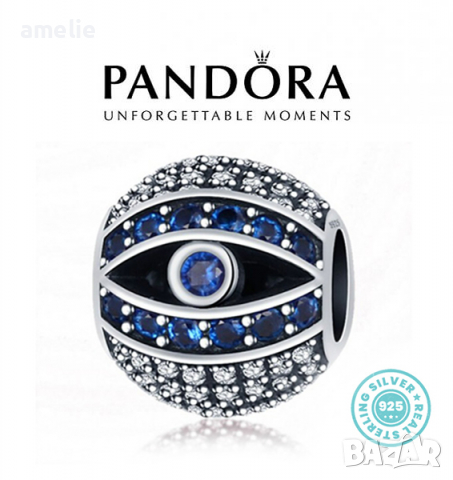 Талисман Пандора сребро проба 925 Pandora Blue Crystal Eye. Колекция Amélie, снимка 1 - Гривни - 36264112