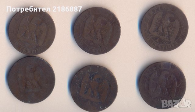 Франция лот от 6 броя от по 5 сантима 1853-1855 година, снимка 1 - Нумизматика и бонистика - 34215374