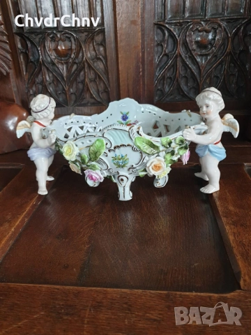 Meissen фигурална ажурна фруктиера 32см/стара Майсен порцеланова жардениера с херувими