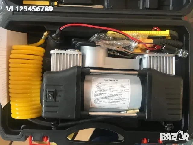Мощен двуцилиндров компресор за автомобили KRAFTWORLD, снимка 5 - Аксесоари и консумативи - 49760057