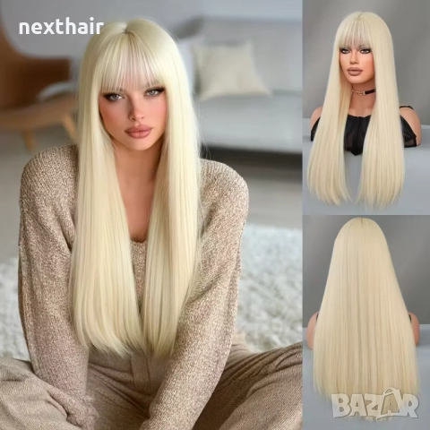 Светло руса права синтетична перука с бретон – 65–70 см