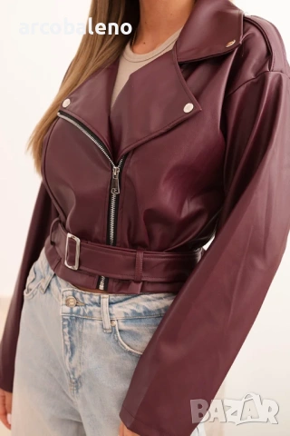 Дамско късо яке от еко кожа с колан и яка, 3цвята , снимка 4 - Якета - 53386465