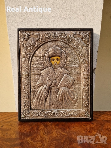 Прекрасна антикварна сребърна икона Свети Никола сертификат 