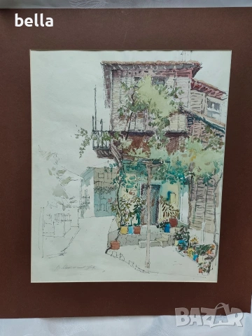 Стар  акварел с паспарту ,смесена техника на Вл.Мански само акварела е с размери 38/45 см., снимка 6 - Антикварни и старинни предмети - 53677297