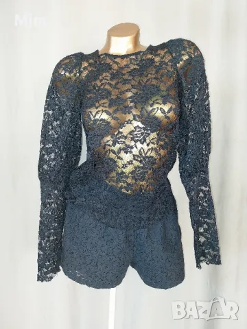 ZARA S/M Черна дантелена блуза с дълъг ръкав 