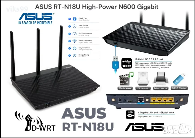 Гигабитов рутер Asus RT-N18U 600Mbps High Power USB 3.0 и USB 2.0