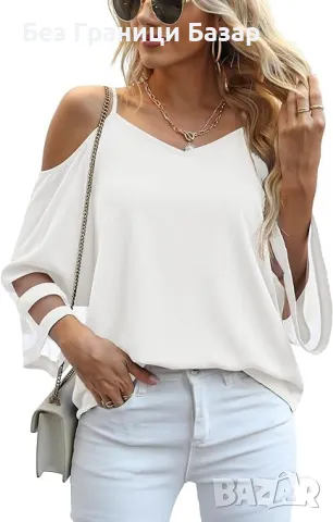 Нова Лятна дамска бяла блуза с мрежест ръкав и открити рамене размер S, снимка 3 - Тениски - 47634681
