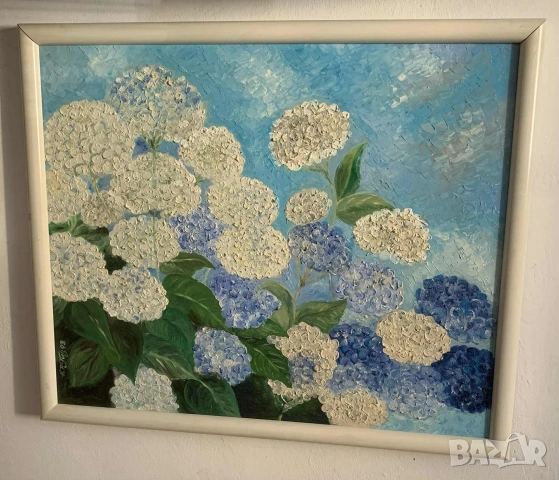 Картина с хортензии* Акрил* Сигнирана* Готова за окачване, снимка 3 - Картини - 53219194