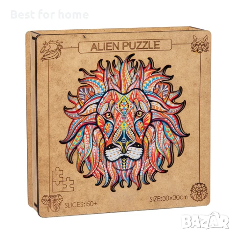 Alien Puzzle Дървен пъзел с форма на животно 4 вида-вълк, тигър, слон и лъв