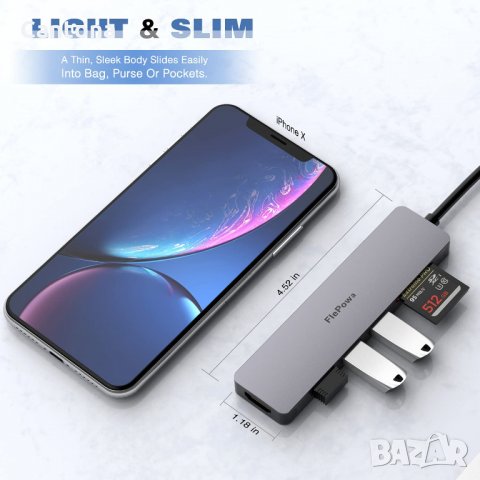 USB C Hub 6-в-1 FLEPOW, 4K HDMI, 3 USB 3.0 порта, SD / Micro SD четец на карти, снимка 5 - Други - 34749542