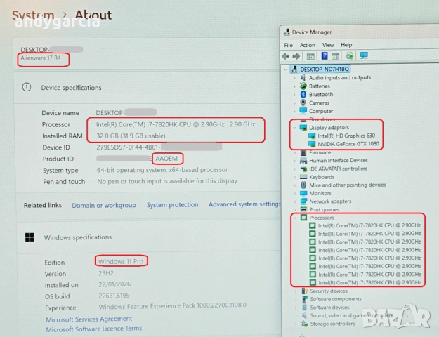 Dell Alienware 17 R4/Intel Core i7-7820HK/NVidia GTX 1080 8GB 190W/16GB RAM/512GB SSD/QHD IPS 120hz, снимка 15 - Лаптопи за игри - 53535131