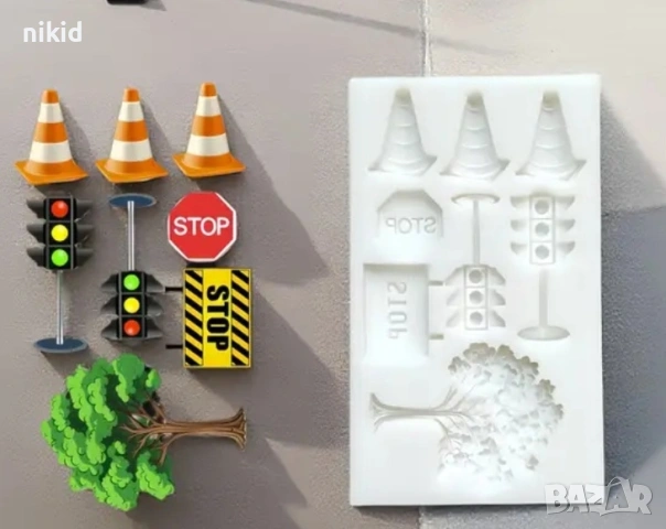 Пътни знаци светофар дърво Stop силиконов молд форма фондан шоколад декор украса