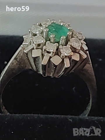 Дамски златен 14 к пръстен с брилянти и изумруд(диаманти), снимка 4 - Пръстени - 36055384