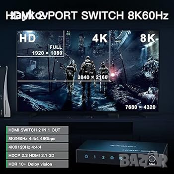 HDMI 2.1 превключвател 8K 60Hz, AVIDGRAM HDMI превключвател 2 в 1 OUT с IR Remote, 2 порта 4k 120Hz, снимка 7 - Друга електроника - 44810734