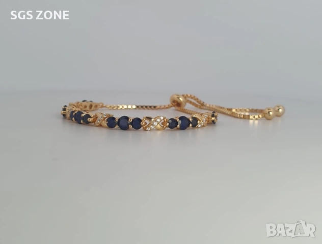 Сребърна гривна с естествени сапфири, позлатена, снимка 5 - Гривни - 52278097