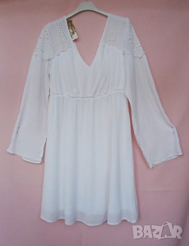 Дамска кенарена рокля с дълъг ръкав и остро деколте с бродерия., снимка 5 - Рокли - 51507220