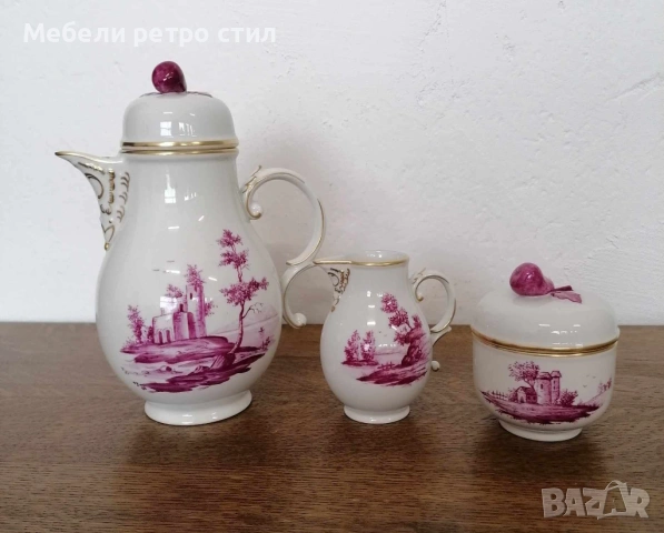 Ръчно рисуван порцеланов сервиз за кафе Purpur Camaieu. , снимка 9 - Сервизи - 53834361