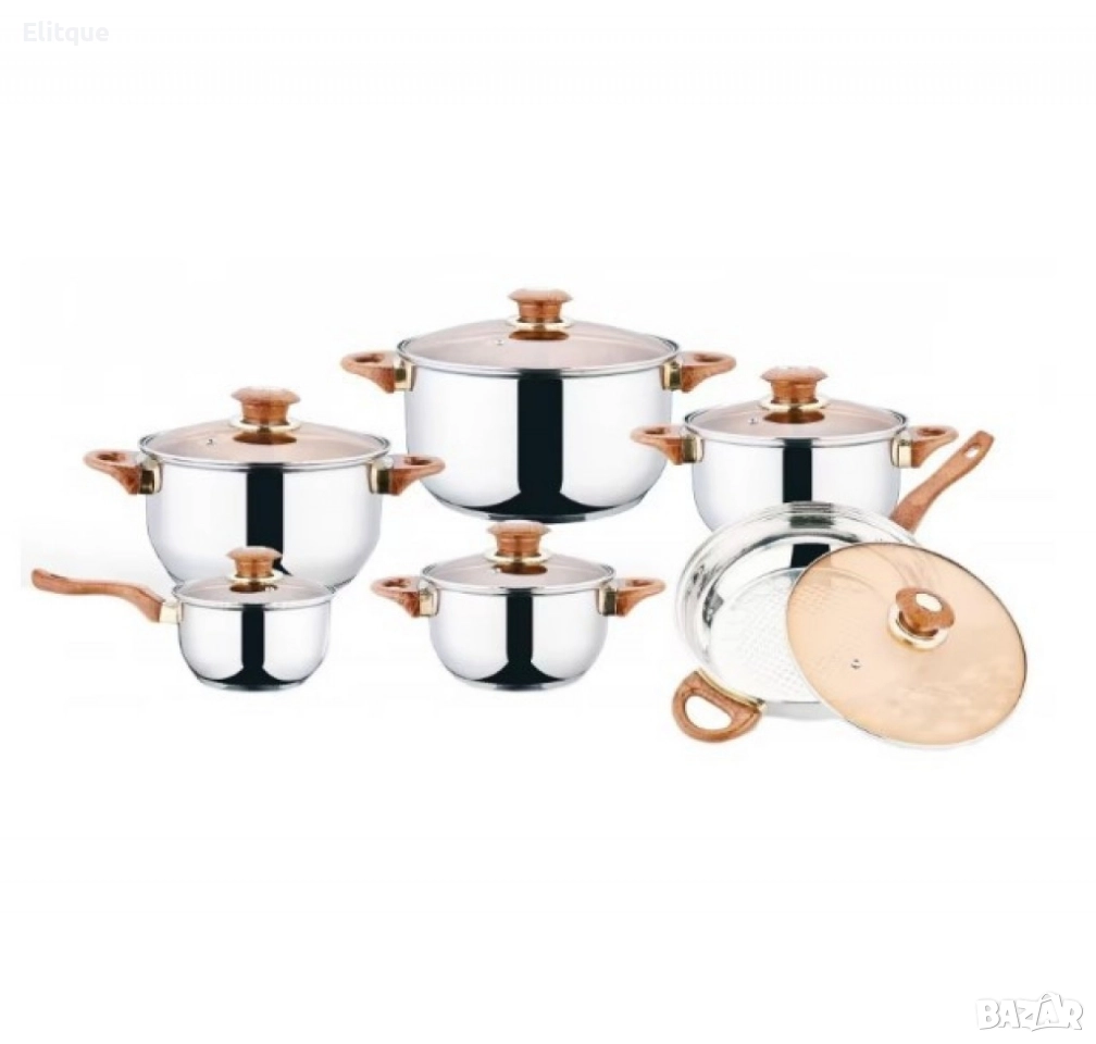 Комплект от 12 части съдове за готвене от неръждаема стомана със стъклени капаци, снимка 1
