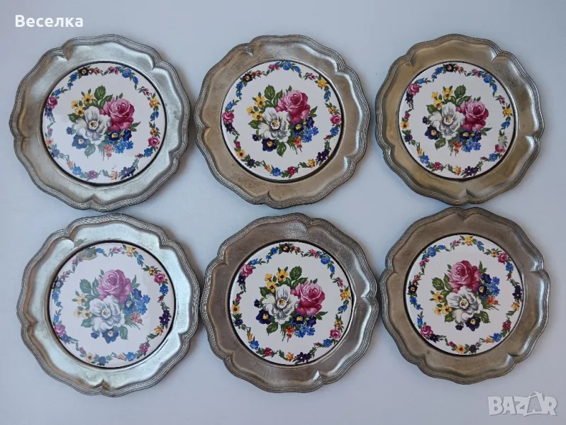 6 бр. калаени чинийки с порцеланови плочки, снимка 1