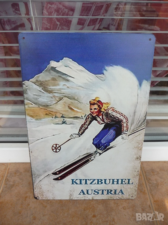 Метална табела разни ски Кицбюел Австрия център зимен курорт Тирол писти спускане момиче скиори , снимка 1