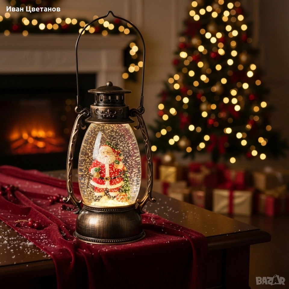 Коледен декоративен фенер – LED светлина, въртяща се фигурка на Дядо Коледа, снеговалеж и музика, снимка 1