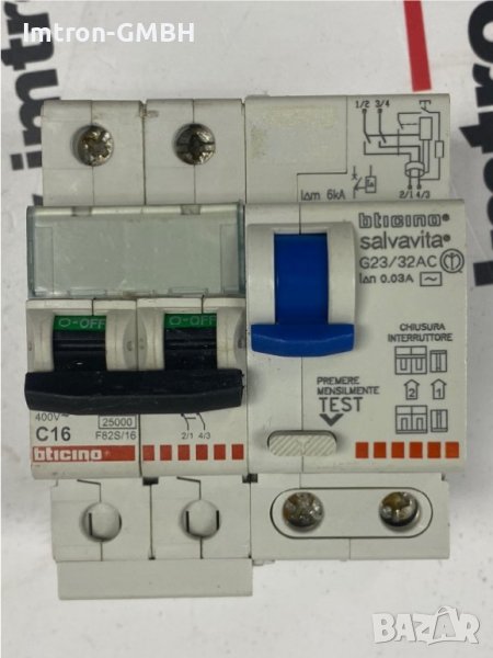 Предпазител + дефектнотокова BTICINO  G23/32AC 0.03A + BTICINO F81n/16 BTDIN60 230v C16 600, снимка 1
