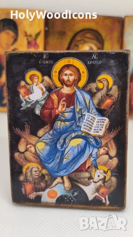 Икона Христос Пантократор с евангелистите – дървена икона с магнит 8x6см, снимка 2 - Икони - 52867194