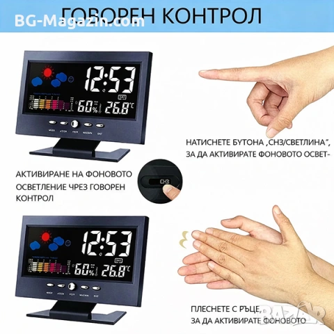 Електронна метеостанция с LED часовник дигитален термометър влагомер гласов контрол на батерии, снимка 3 - Други - 53109055
