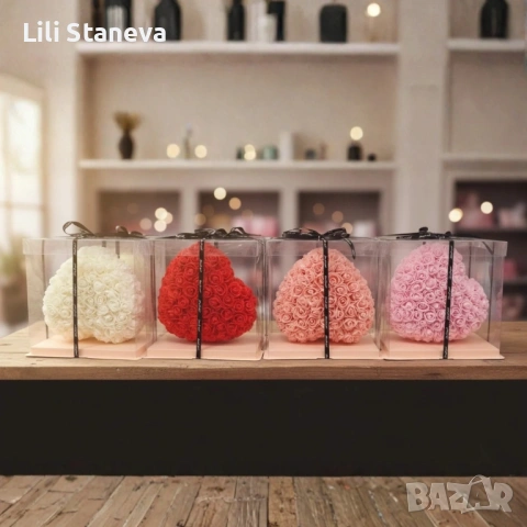 Декоративно сърце от изкуствени рози в подаръчна кутия. , снимка 6 - Декорация за дома - 53058431