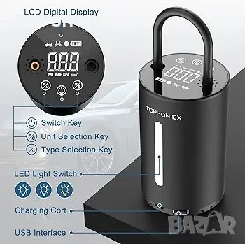 Преносим компресор за въздушна помпа Tophoniex, 150PSI ръчна електрическа помпа, снимка 3 - Гедорета - 48757265