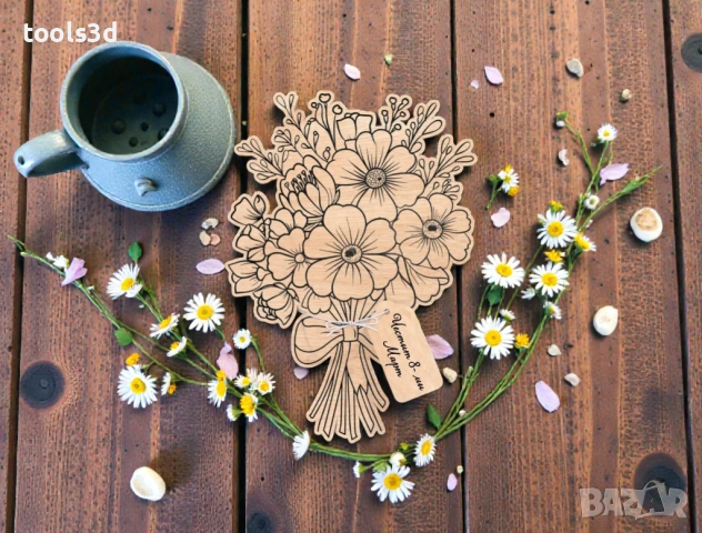 Дървено букетче с етикетче за 8-ми март., снимка 3 - Изкуствени цветя - 53600855