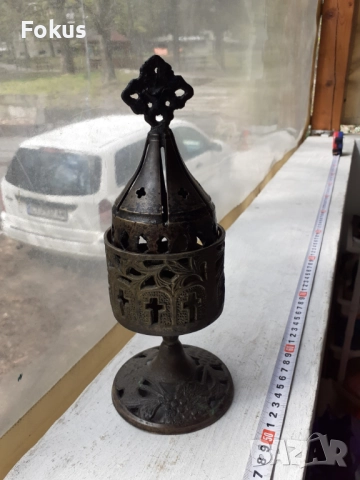 Старо бронзово настолно кандило кадило тамянник, снимка 2 - Антикварни и старинни предмети - 51498397