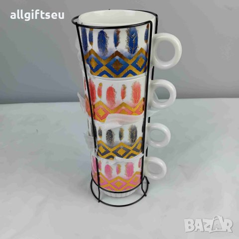 Комплект от 4 чаши за кафе или чай на стойка - цветни, снимка 1 - Чаши - 44397718