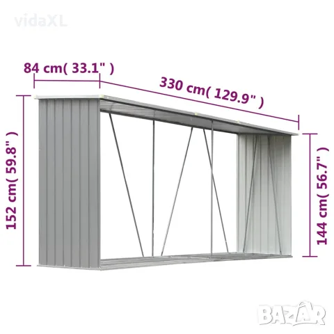 vidaXL Навес за дърва, поцинкована стомана, 330x84x152 см, сив, снимка 6 - Дърва за огрев - 56147614