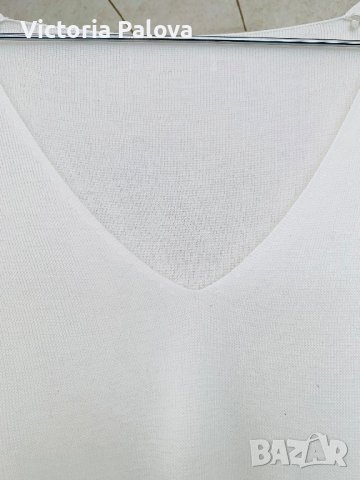 Млечнобяла блуза кежуал с V деколте, снимка 7 - Блузи с дълъг ръкав и пуловери - 40382940