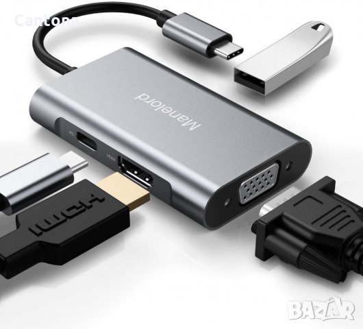 USB C хъб Manelord, VGA, 4K HDMI, двоен дисплей, 87W PD порт, USB 3.0