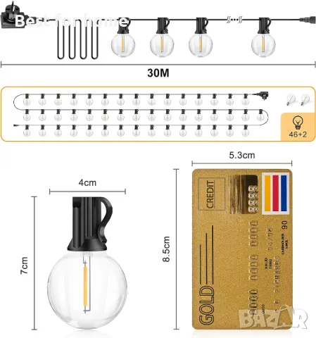 Светлинна верига 30 метра, 46 крушки, дистанионно, топло бяла FGRYB, снимка 5 - Външни лампи - 48486065