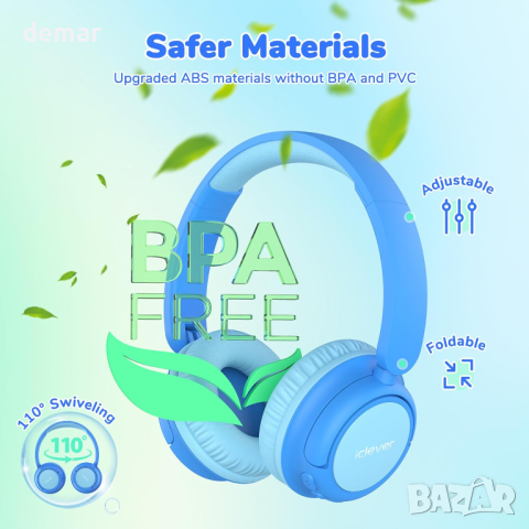 Безжични детски слушалки с микрофон iClever BTH22 Bluetooth 5.4, 74/85 dBA, сини, снимка 2 - Bluetooth слушалки - 44827428