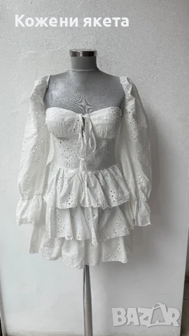 Бяла памучна рокля с бродерия и ръкав, снимка 3 - Рокли - 50902446