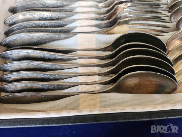 прибори за хранене, к-т от 30 прибора от посребрен мелхиор + черпак, красиви, солидни , от СССР, снимка 6 - Прибори за хранене, готвене и сервиране - 47647610