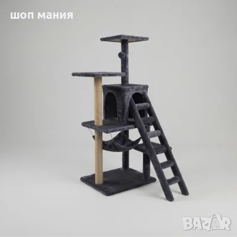 Котешка драскалка с къщичка, хамак и рампа, 125 см, тъмносива