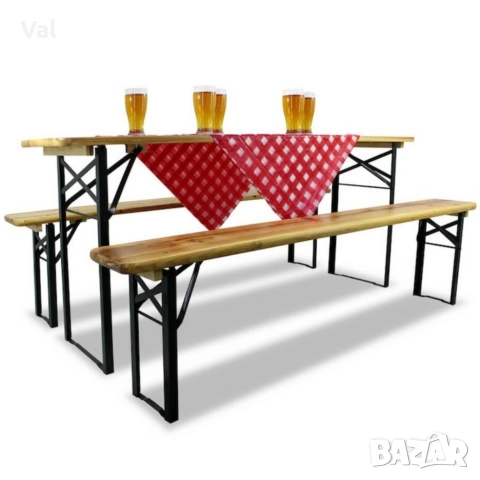 Сгъваем комплект градинска маса с 2 пейки - От чамово дърво, с отвор за чадър, снимка 8 - Градински мебели, декорация  - 53643384