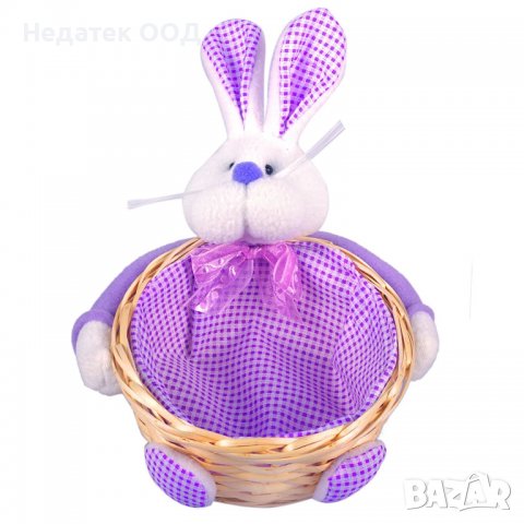 Великденска декорация, 3D заек с кошница,  Бяло/ лилаво/ каре, 14x7 см 