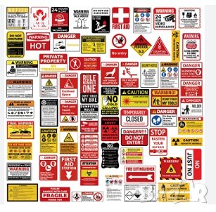 75 бр Внимание опасност предупредителни знаци табели стикери самозалепващи лепенки 