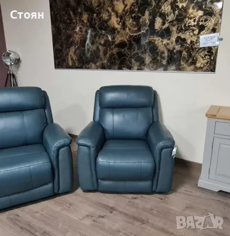 Тюркоазено син кожен комплект - диван тройка и два фотьойла La-z-boy, снимка 5 - Дивани и мека мебел - 49936251