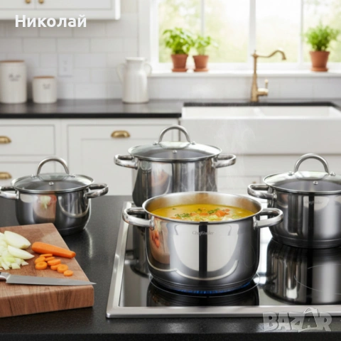 Комплект тенджери Cheffinger – 8 части инокс с капаци, за всички видове котлони, снимка 2 - Съдове за готвене - 53116046