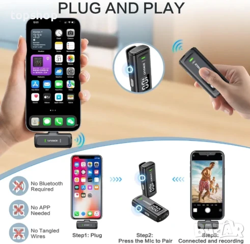 НОВИ Безжични микрофони Lavalier за телефон за iPhone и iPad с 40 часа предавател, дигитален дисплей, снимка 6 - Аксесоари за Apple - 50577149