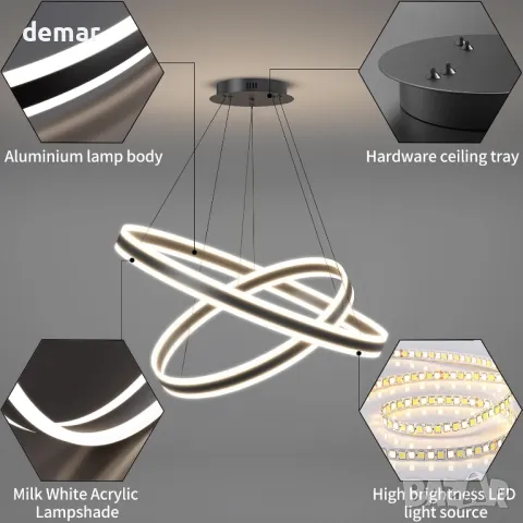 Модерен LED полилей Fordeson, 2 пръстена, димиране, SX-40+60см, снимка 5 - Лед осветление - 47763071