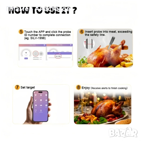 Smart Bluetooth Bamboo безжичен дигитален термометър за месо – за грил, фурна и барбекю, снимка 4 - Други - 52423266