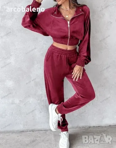 Дамски едноцветен спортен кадифен костюм с дълги ръкави за свободното време, 4цвята , снимка 2 - Комплекти - 47258135